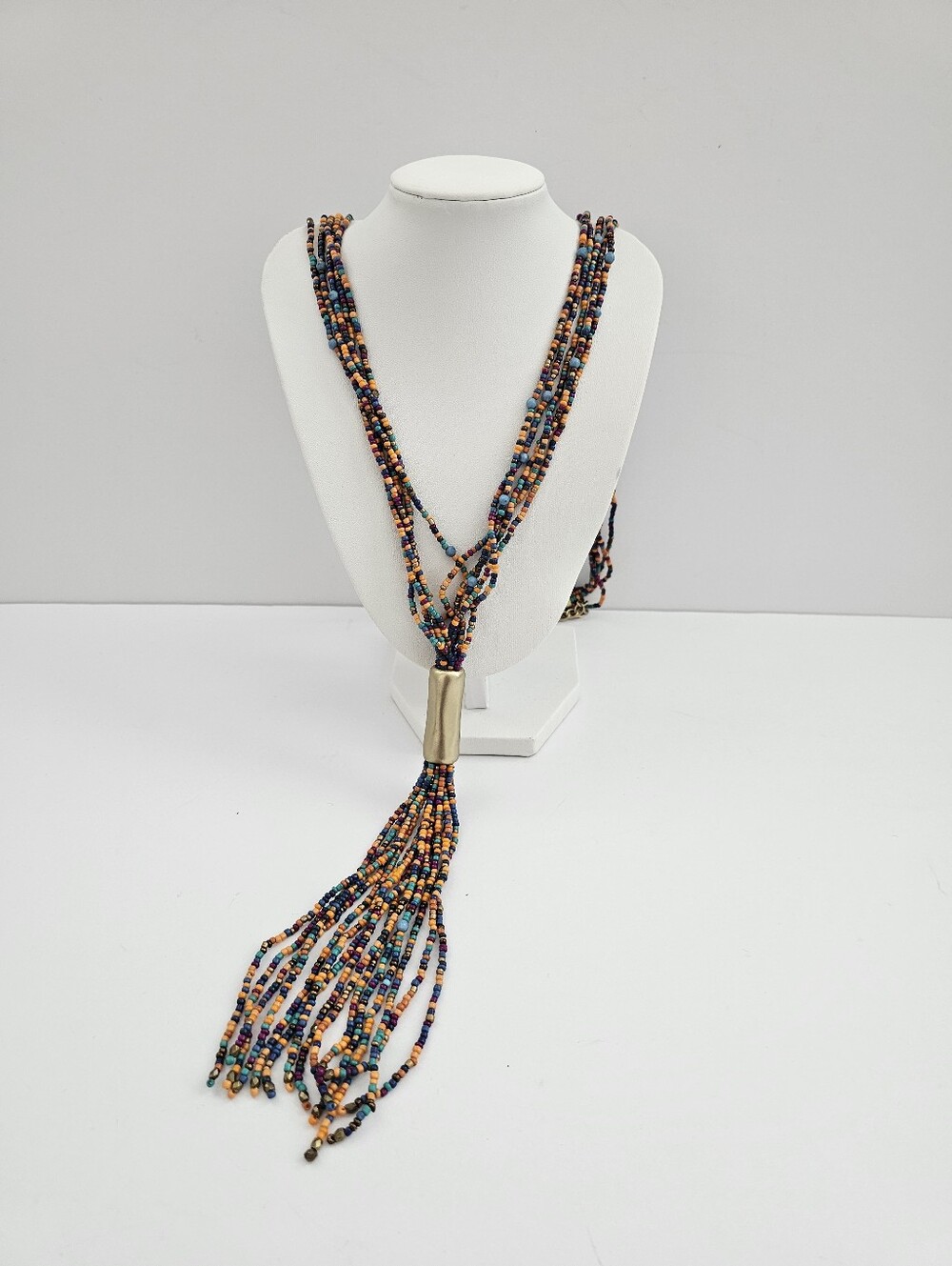 Chicos Beaded Tassel Necklace Multi Strand Lariat Boho Matte Gold Tone Statement